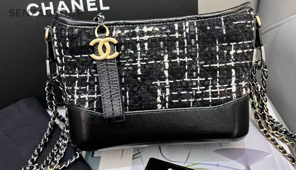 CHANEL Gabrielle PM wool fabric Chain Shoulder bag Crossbody Women Black White