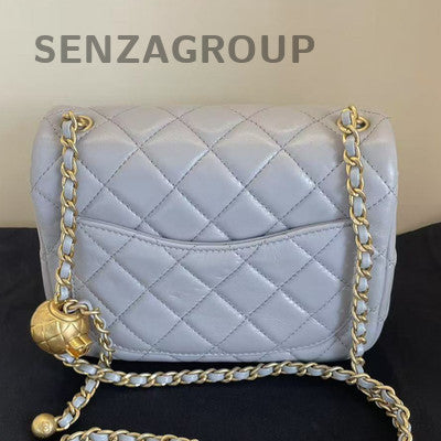 Chanel Grey Quilted Square Mini Flap Bag with Gold Ball Chain Strap