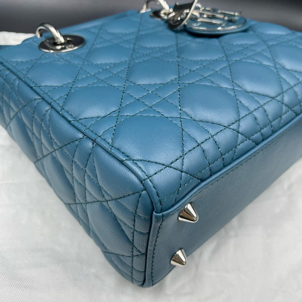 Christian Dior Lady Dior Cannage Top Handle Crossbody Blue Silver Women Classic