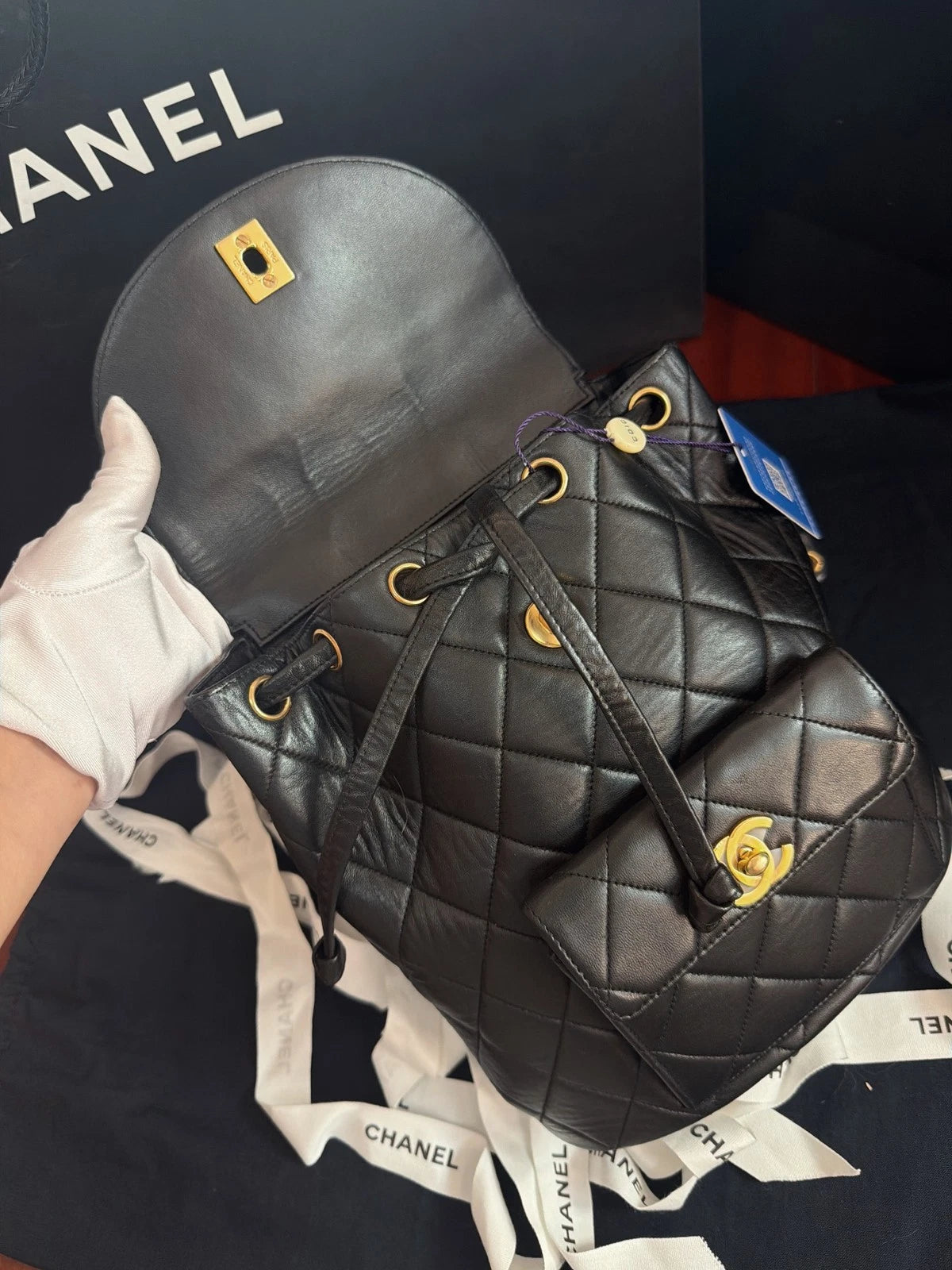 Vintage Chanel Duma Diamond Chain Black Backpack Gold Hardware