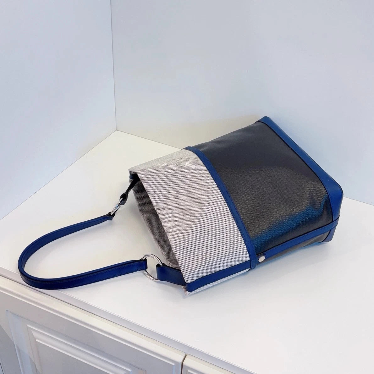 Hermes Colroule25 Canvas Bucket Shoulder Bag Black White Silver Unisex Adults