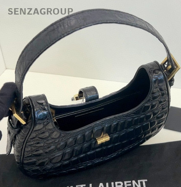 YSL Saint Laurent Croc-Embossed Hobo Shoulder Pea Bag Black Women