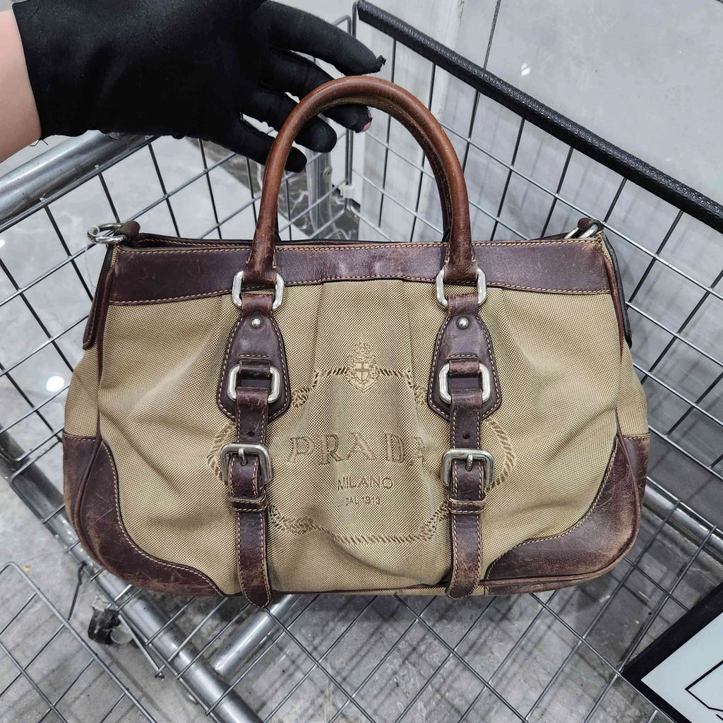 Prada Canvas Colorblock Strap Tote Handbag For Women