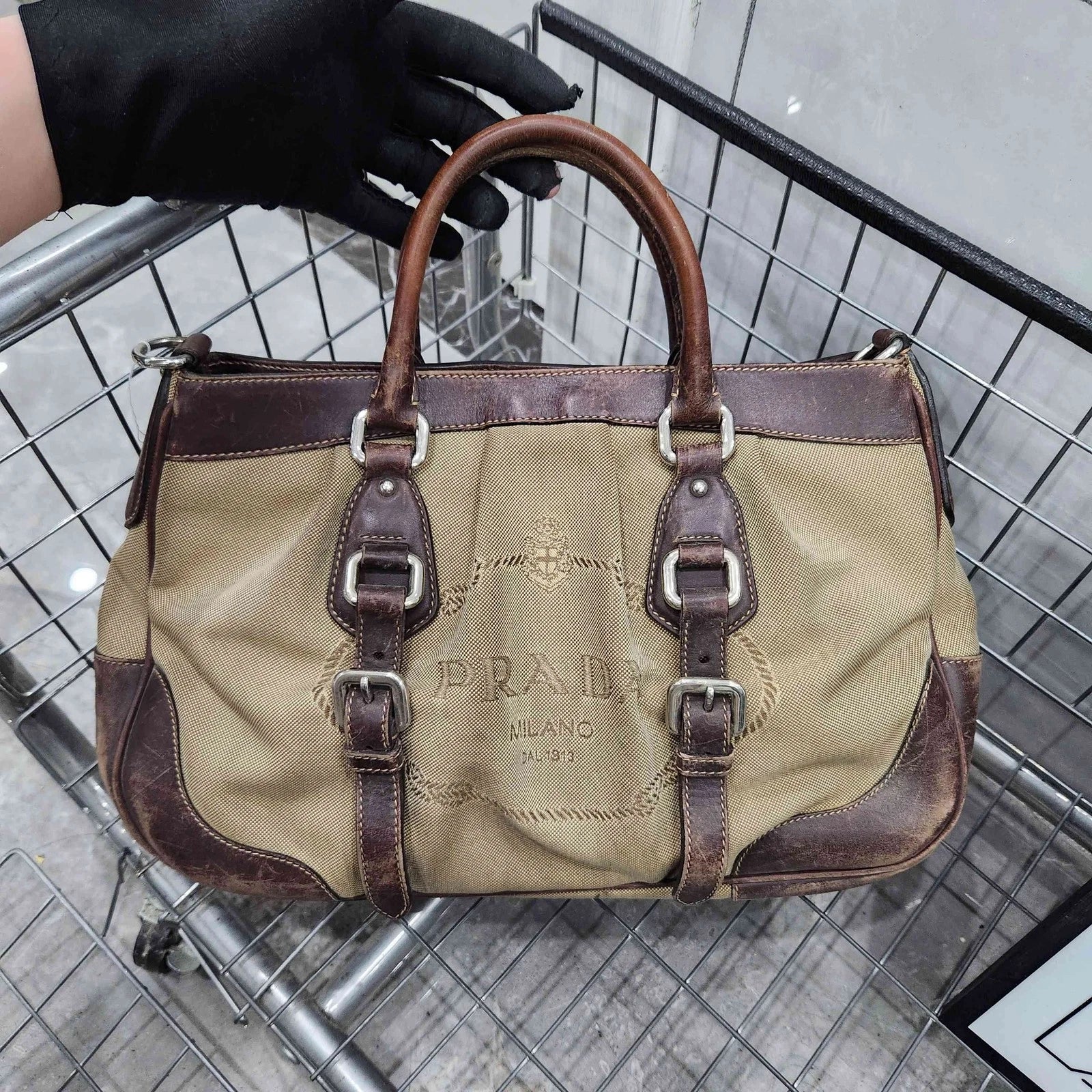 Prada Canvas Colorblock Strap Tote Handbag For Women