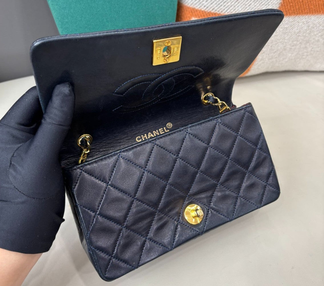 Chanel Lambskin Chain Shoulder Bag Crossbody Blue Gold Women Classic