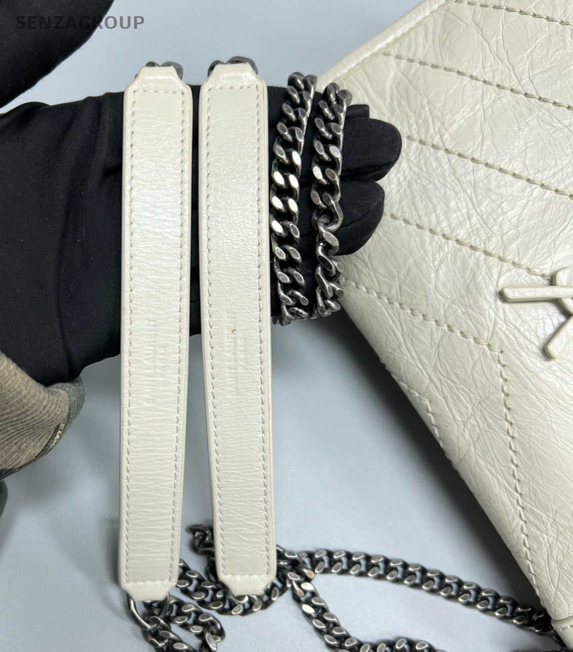 Saint Laurent Niki Baby Chain Shoulder Bag White Silver Used Women Classic