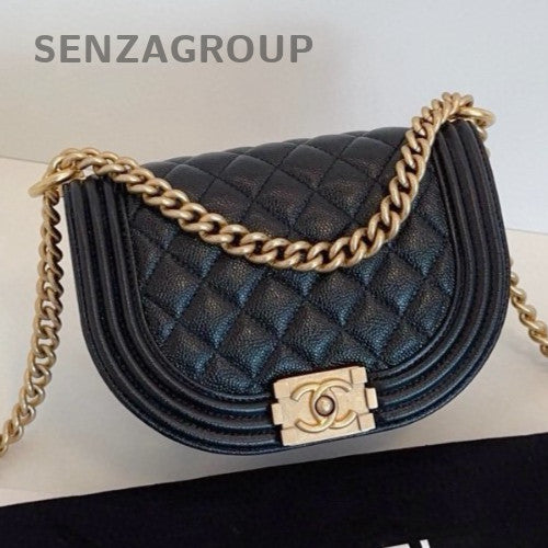 Chanel Leboy Saddle Calfskin Chain Shoulder Bag Crossbody Black Gold Women