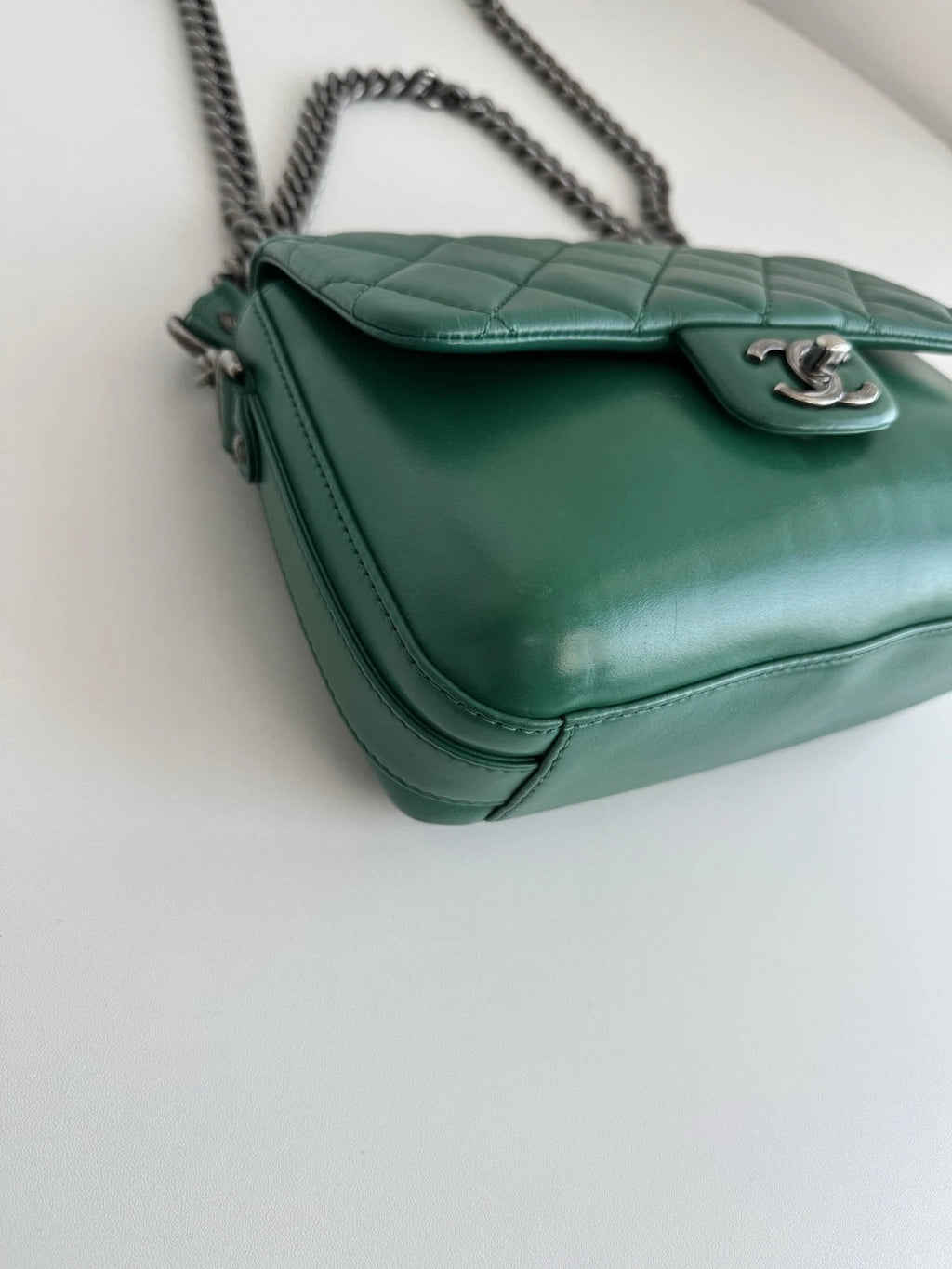 Chanel Classic Flap Calfskin Chain Shoulder Bag Crossbody Green Silver Women