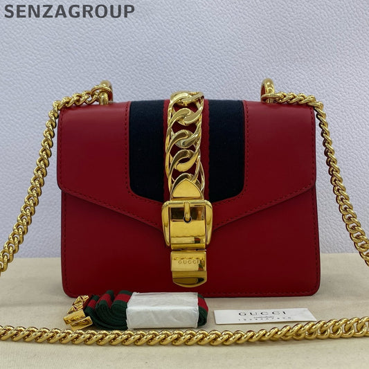 Gucci Sylvie Small Chain Shoulder Bag Red Gold Classic Women's