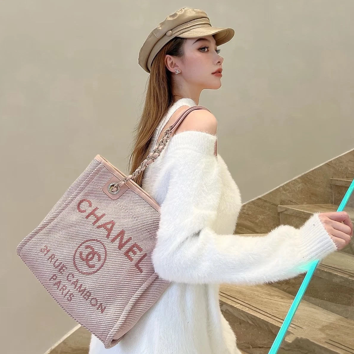 Chanel Beach Bag PM Tote Chain Shoulder Bag Pink Used Women Classic