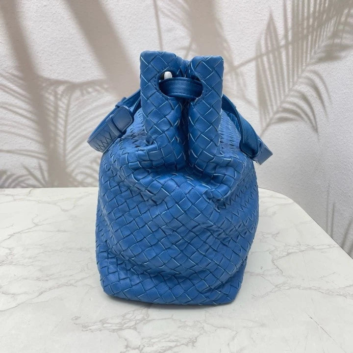 Authentic Bottega Veneta Blue Lamskin Woven Shoulder Handbag For Women
