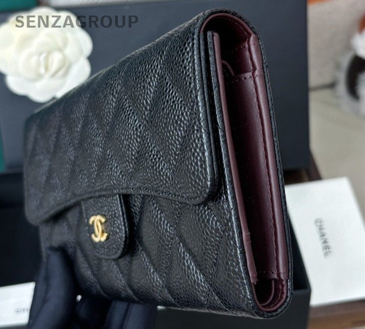 Chanel Classic Flap Long Wallet Clutch Diamond Women Black Gold Fashion