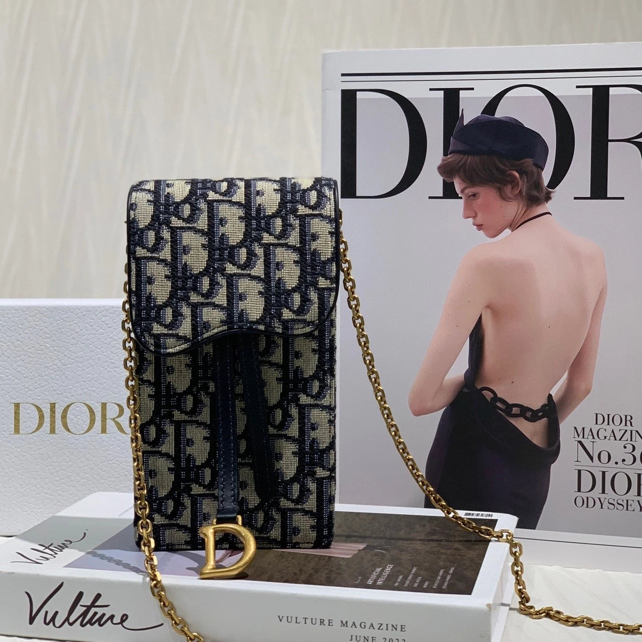 Dior Canvas Vertical Saddle Monogram Chain Phone Crossbody Women