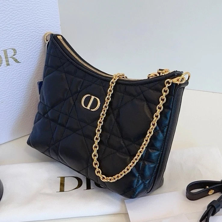 Excellent Christian Dior Miss DIOR Hobo Black Quilted Calfskin Handbag Crossbody