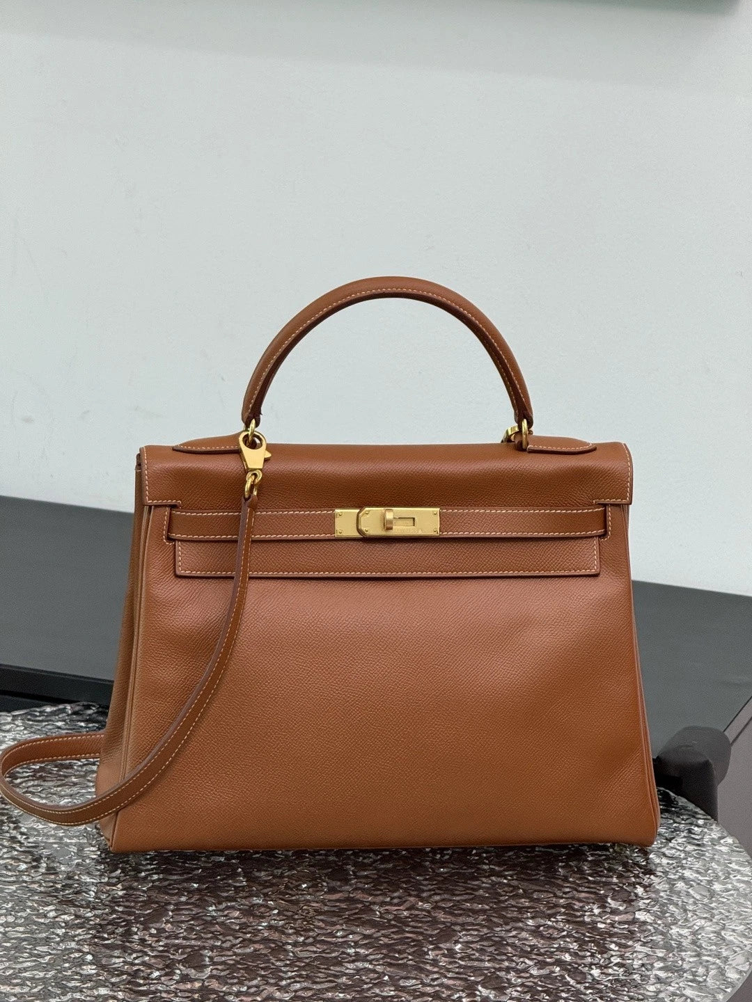 Authentic Hermes Kelly 32 Courchevel Tote Top Handle Crossbody Bag Brown GHD
