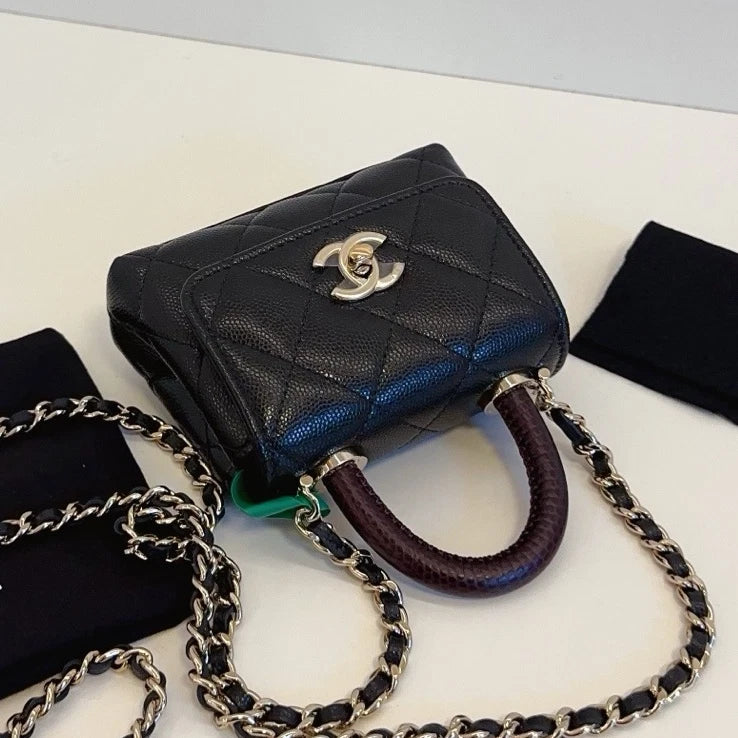 New Chanel Coco Handle Nano Calfskin Top Handle Chain Crossbody Black GHW