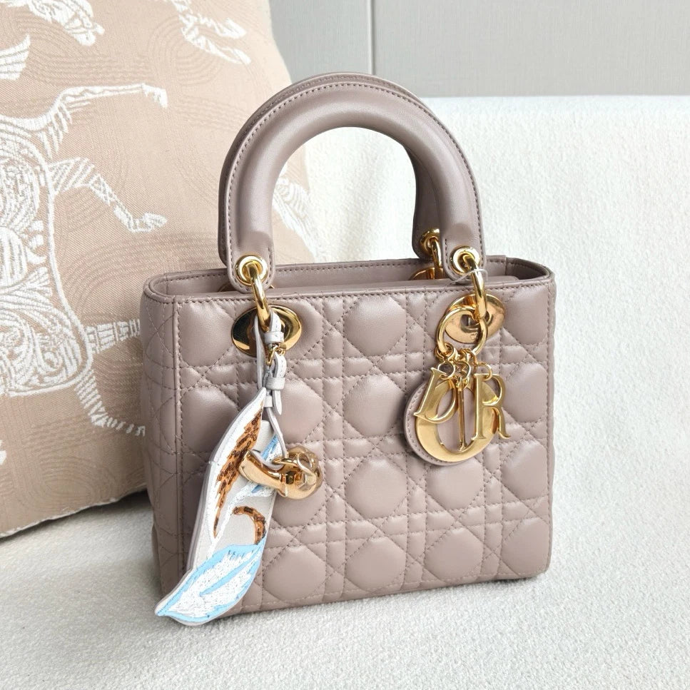 Christian Dior Lady Dior Lambskin Top Handle Crossbody Beige Gold Women Classic