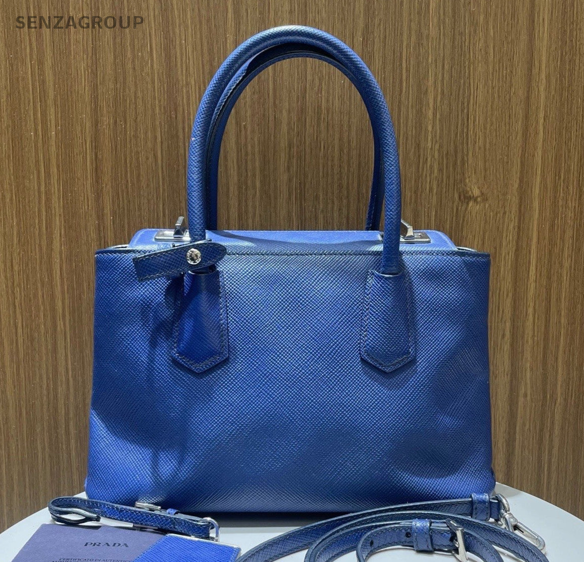 Prada Galleria PM Top Handle Bag Crossbody Blue Silver Women Classic