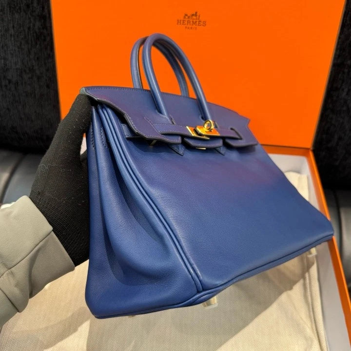 Hermes Birkin 25 Tote Swift Top Handle Bag Blue Gold Hardware Women D