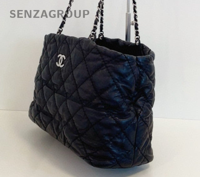 CHANEL Puffer Tote Calfskin Chain Shoulder bag Black Silver Women Classic