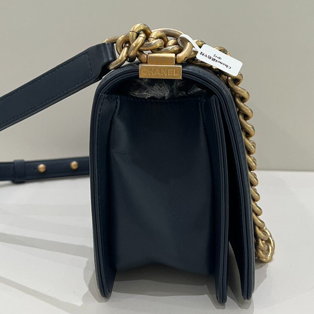 Chanel Le Boy Medium Chevron Blue Gold Chain Shoulder Crossbody Bag