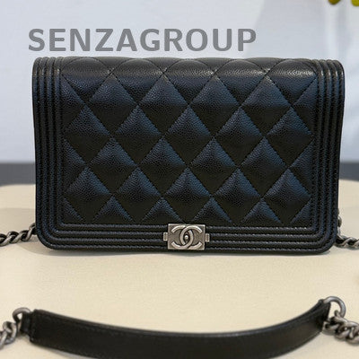 Chanel Black Silver Calfskin Le Boy WOC Chain Crossbody Bag Quilted Classic