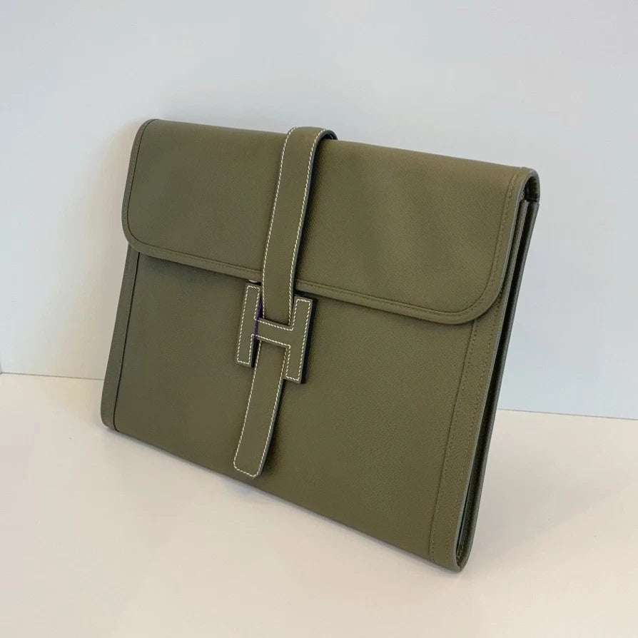 Hermes Jige Clutch Epsom Green H-Style Flap Closure Unisex Fashion