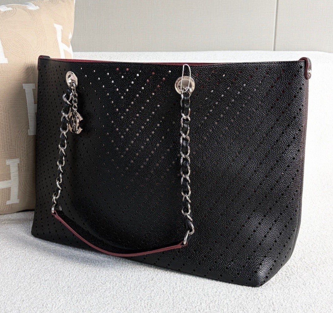 Chanel Shopping Tote Chain Shoulder Bag Black Silver Used Women Classic Fashion