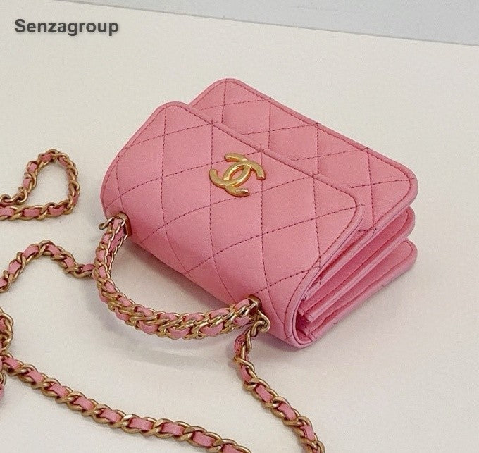 Chanel Kelly Mini Chain Top Handle Crossbody Pink Gold Diamond Women Classic