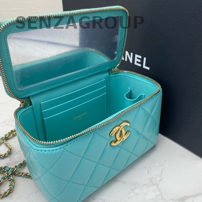Chanel Quilted Blue Gold Leather Vanity Case Handbag Shoulder Bag