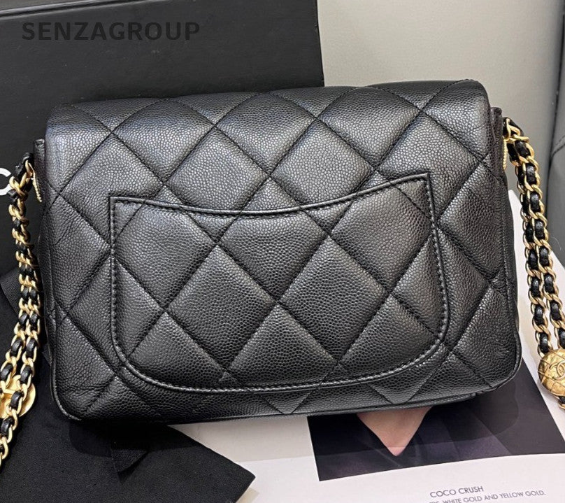 Chanel Calfskin Chain Diamond Shoulder Bag Crossbody Black Gold Women Fashion
