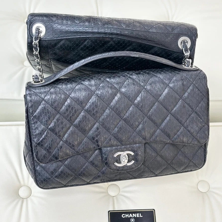 Chanel Classic Flap Jumbo Chain Crossbody Top Handle Bag Black Silver Women