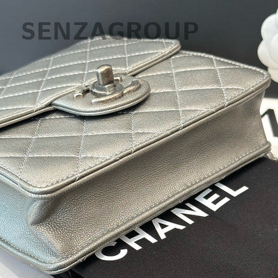 Chanel Grey Quilted Bag with Silver Pearl Chain Strap