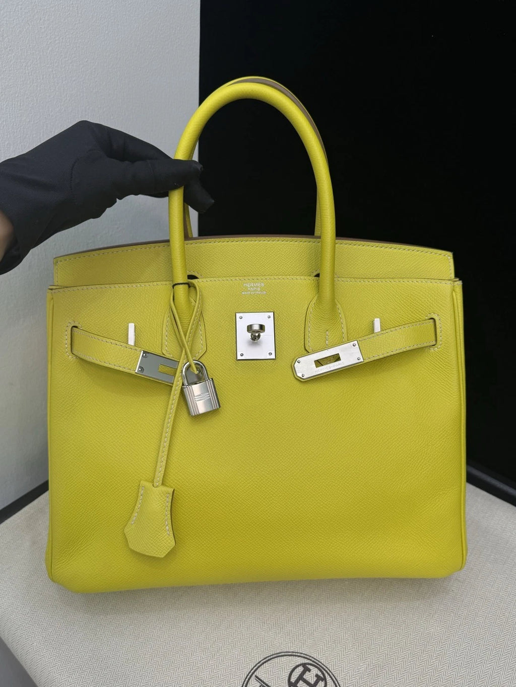 Hermes Birkin30 Epsom Leather Lemon Yellow Silver Hardware Tote Handbag