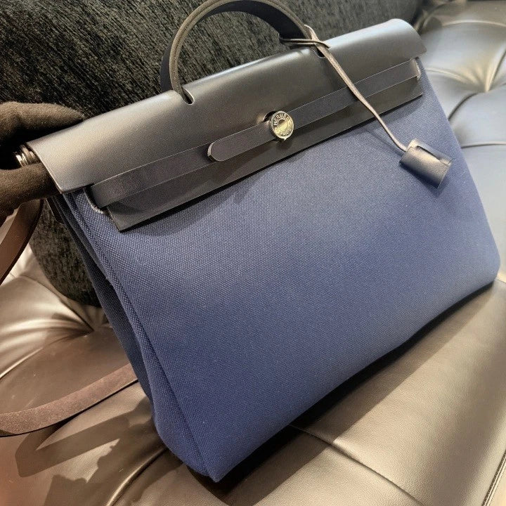 Hermes Herbag39 Canvas Top Handle Shoulder Crossbody Blue Silver Women D