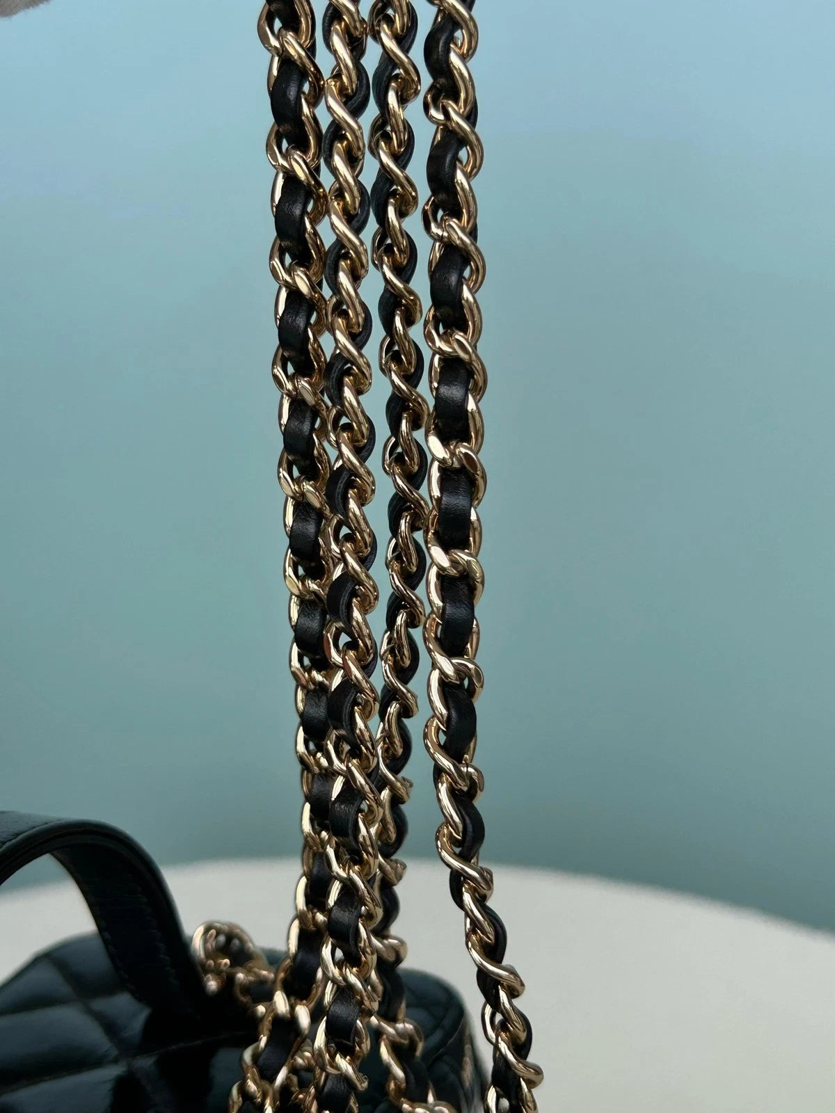 Chanel Diamond Calfskin Chain Top Handle Crossbody Black Gold Women Classic