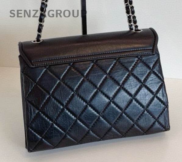 Chanel Diamond Chain Calfskin Black Silver Shoulder Bag Women Classic