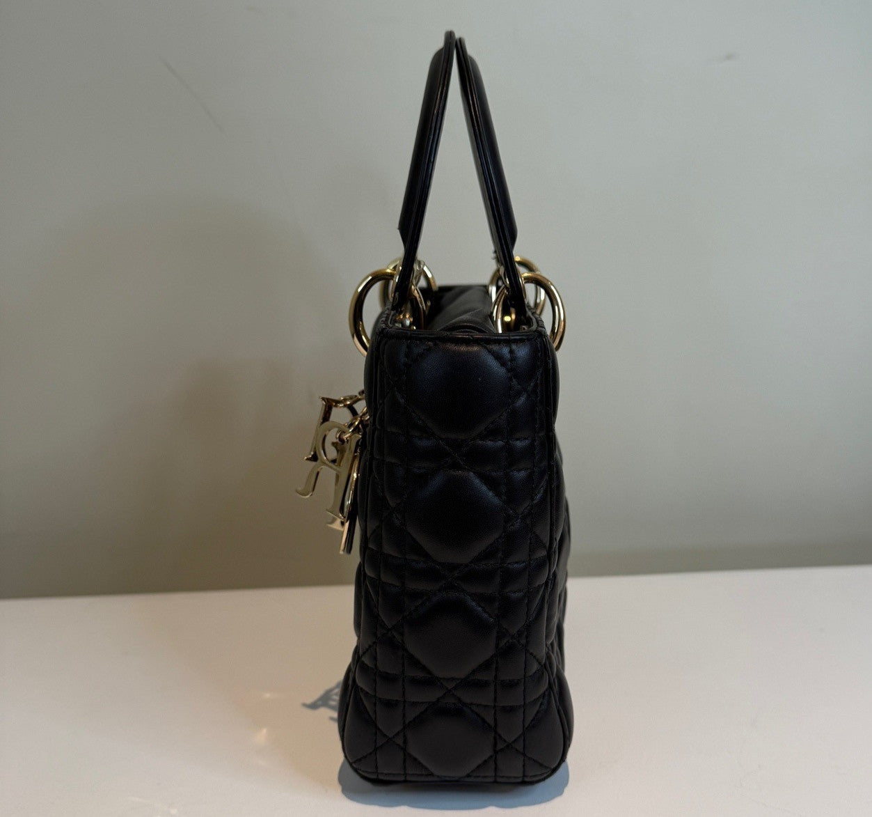 Christian Dior Lady Dior 2Way Top Handle Crossbody Black Gold Women Classic