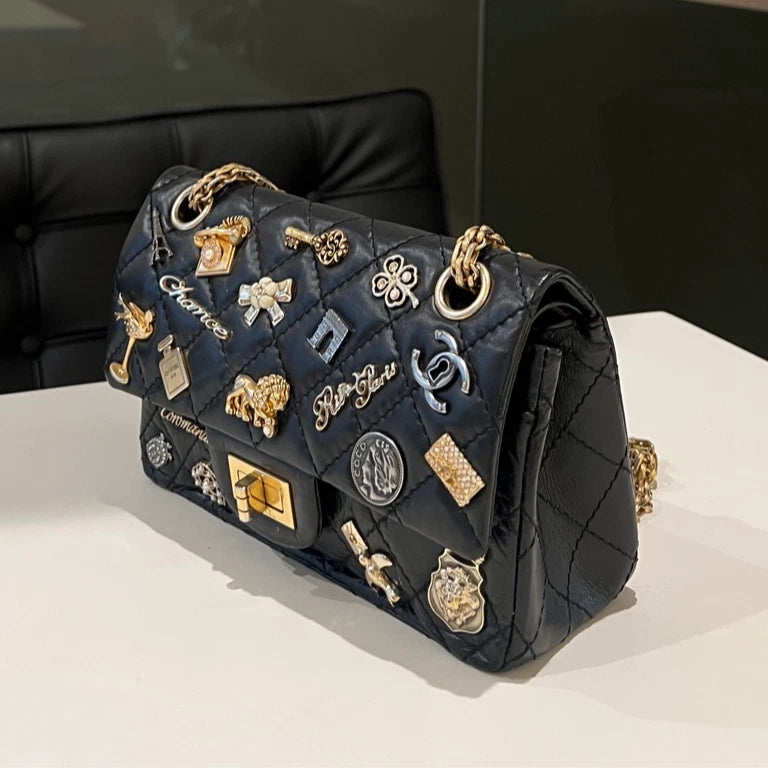 CHANEL 2.55 Mini Black Gold Charm Shoulder Bag