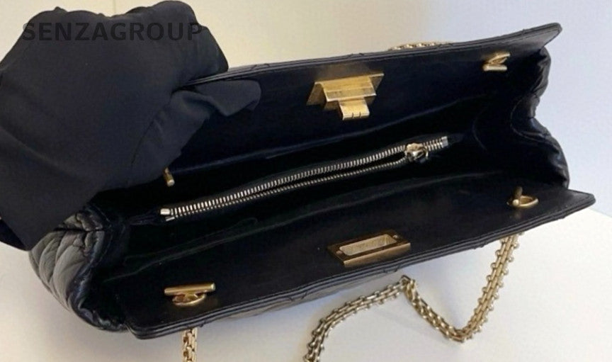 CHANEL 2.55 Black Gold Oil wax leather Shoulder Handbag Classic Small