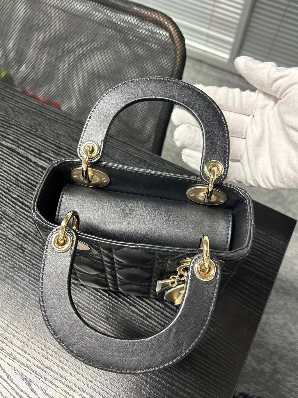 Dior Black Gold Lambskin 3-grid Lady Dior Chain Shoulder Bag For Women
