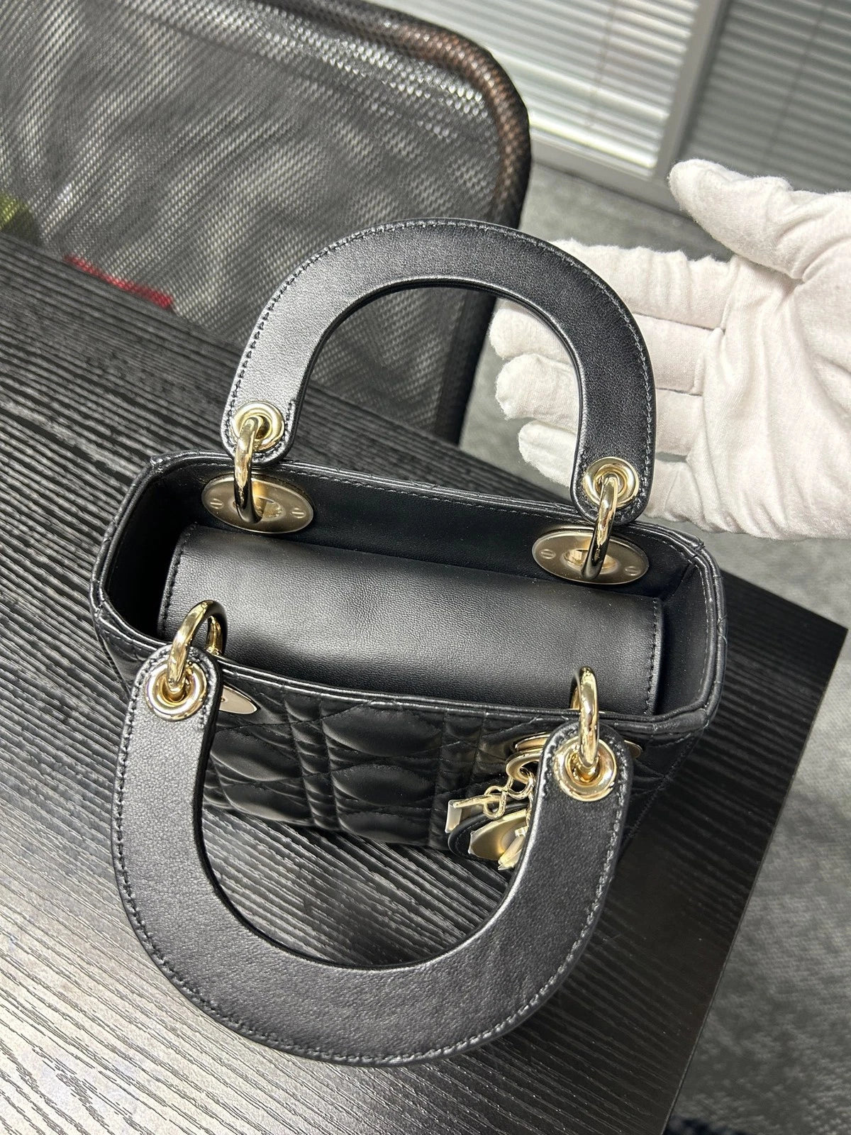 Dior Black Gold Lambskin 3-grid Lady Dior Chain Shoulder Bag For Women