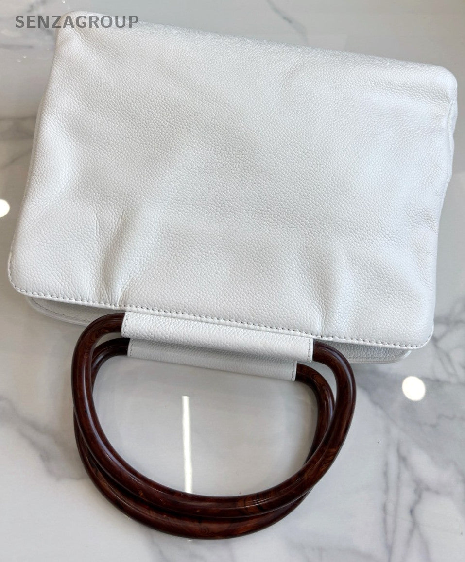 CHANEL CC Top Handle Pear blossom wood handle Handbag Calfskin White Women