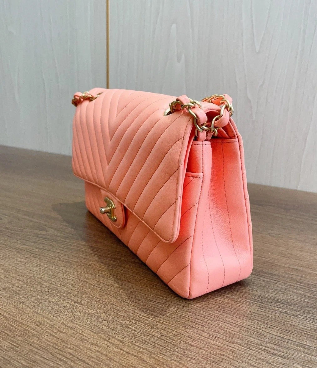 Chanel Classic Flap Chevron Calfskin Turn Lock Shoulder Bag Pink Women