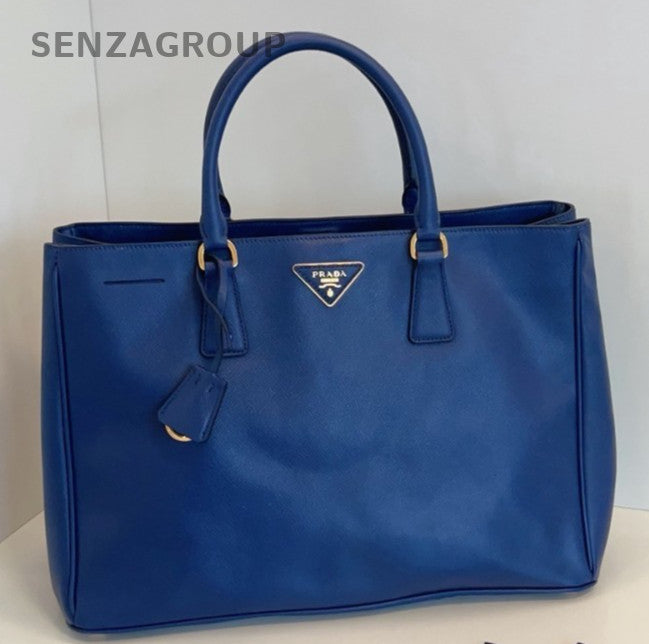 Prada Calfskin Top Handle Bag Blue Gold Used Women Classic Designer