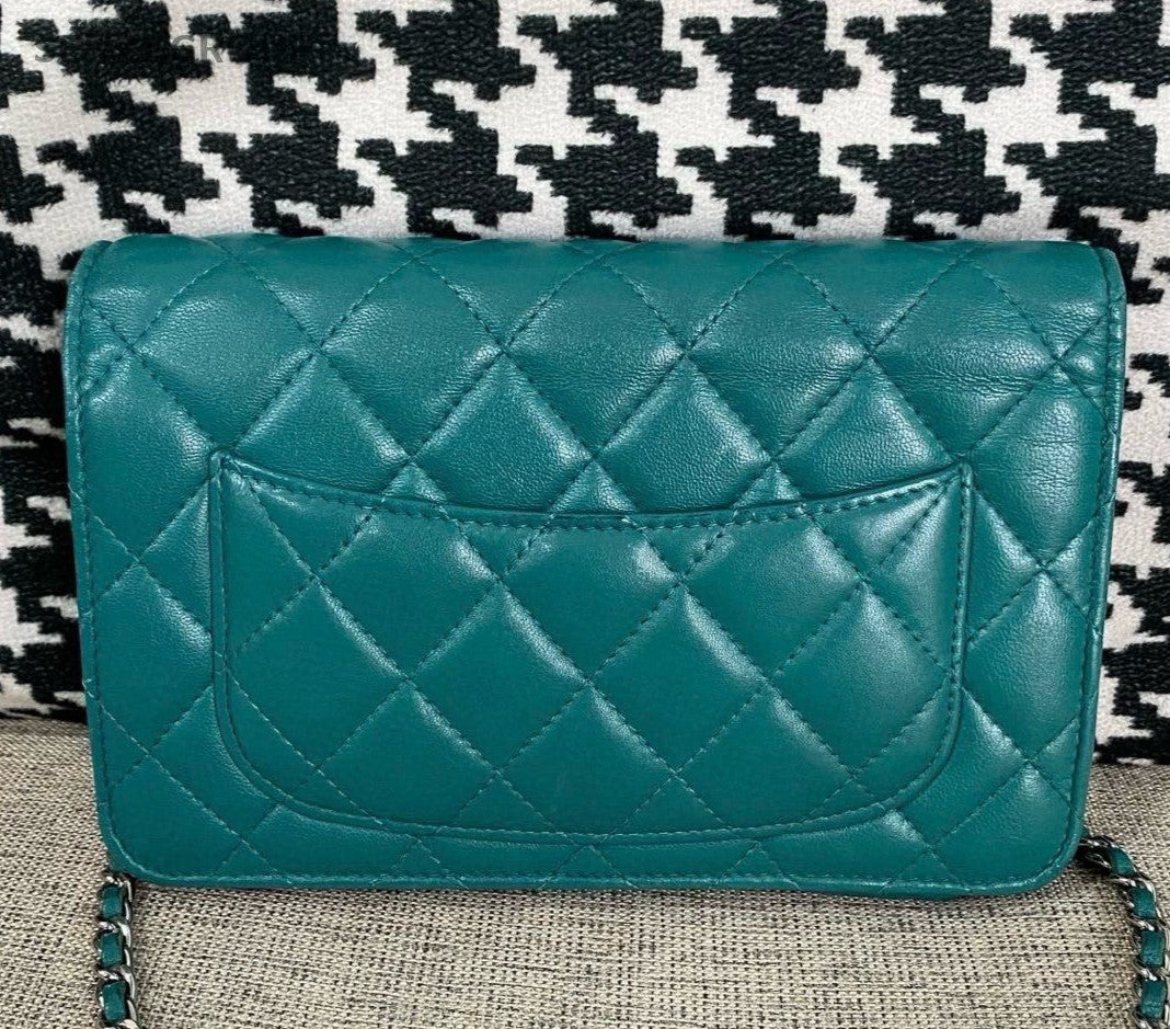 Chanel WOC Chain Shoulder Bag Crossbody Green Silver Women Classic Diamond