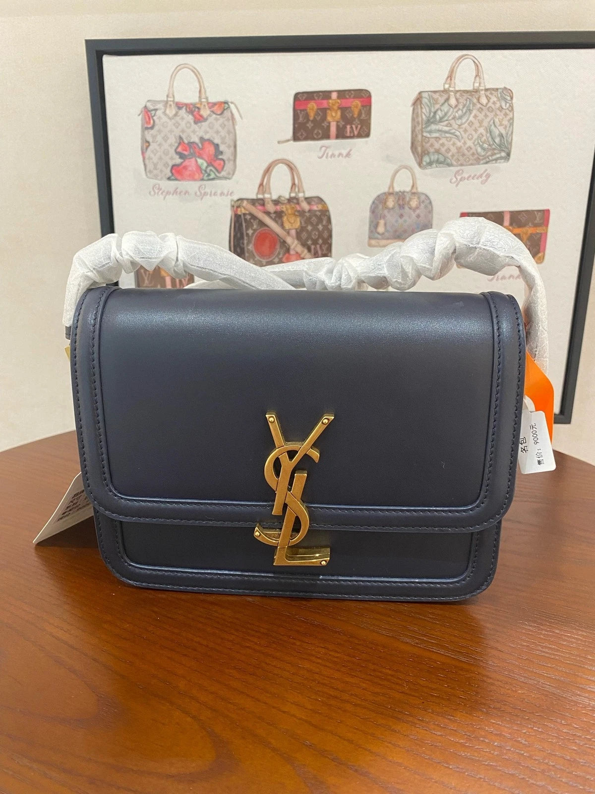 YSL Navy Blue Leather Gold Logo Shoulder Crossbody Bag For Women