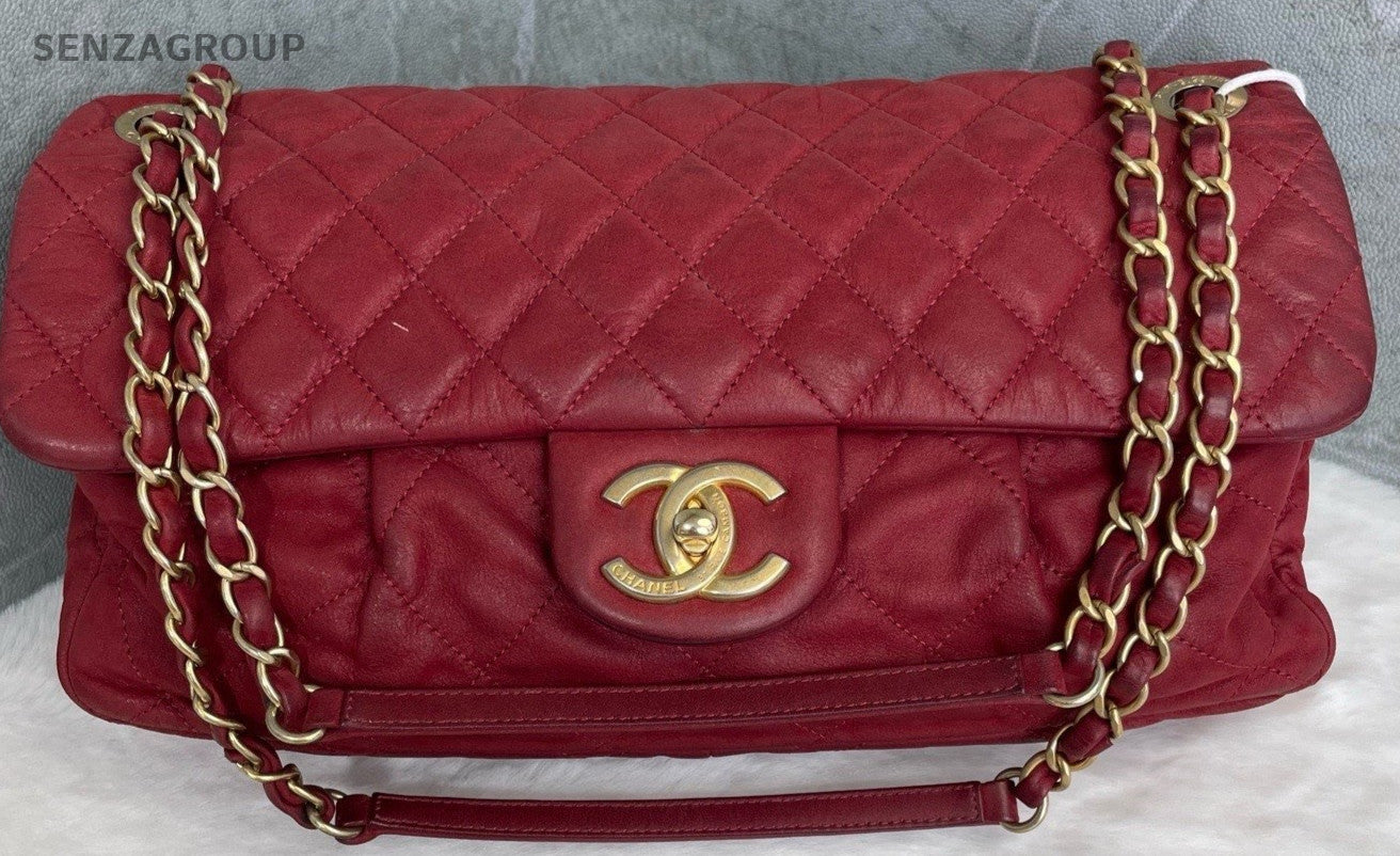 Chanel Classic Flap Chain Shoulder Bag Red Gold Women Designer