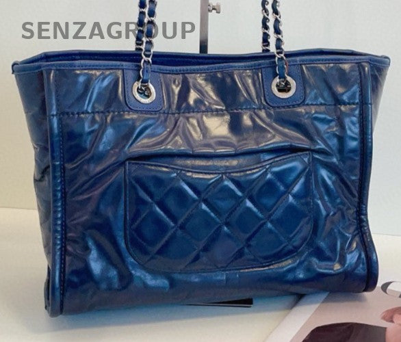 Chanel Calfskin Tote Chain Shoulder Bag Blue Silver Used Women Classic