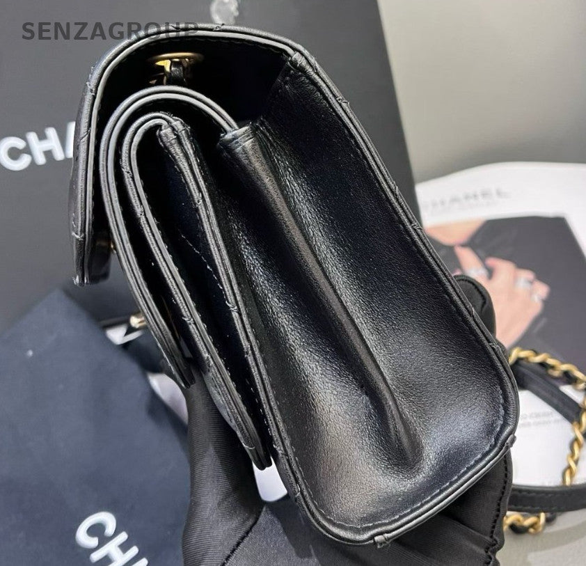 Chanel Calfskin PM Chain Shoulder Bag Black Gold Diamond Women Classic